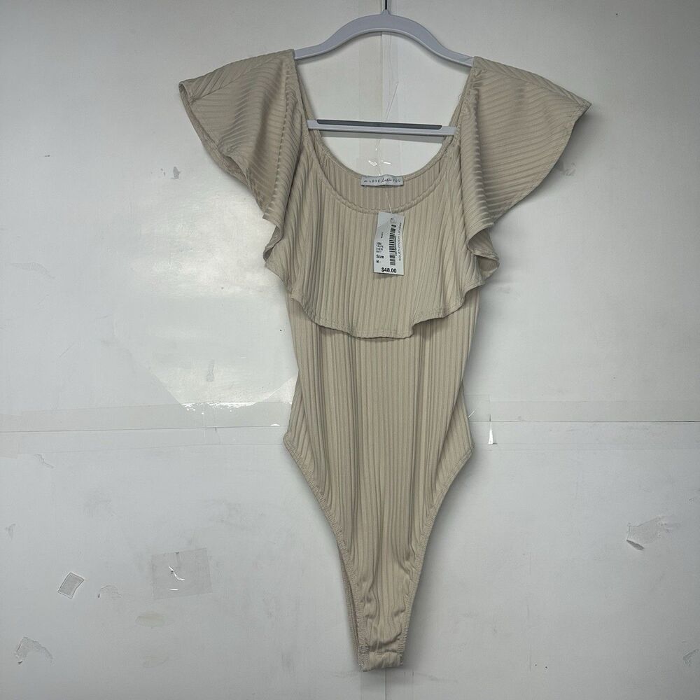 A Love Like You Womens Medium Beige Ribbed Bodysuit Flutter Sleeve Scoop  NWT